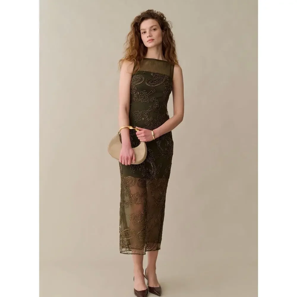 Sorella Atelier Ora beaded dress olive paisley $270 sz 4